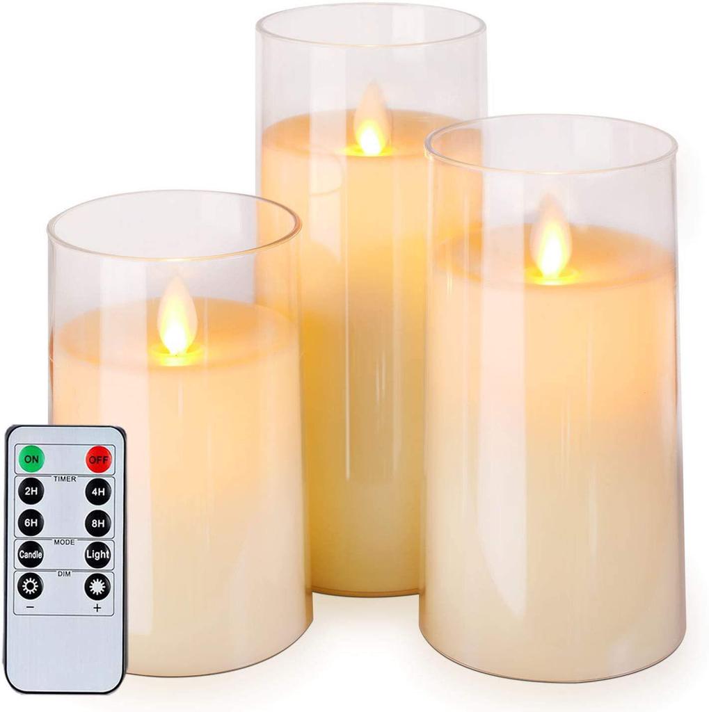 LED Flickering Candle Set with Remote Control, Three-Piece Transparent Cover - Ideal for Weddings and Birthdays.