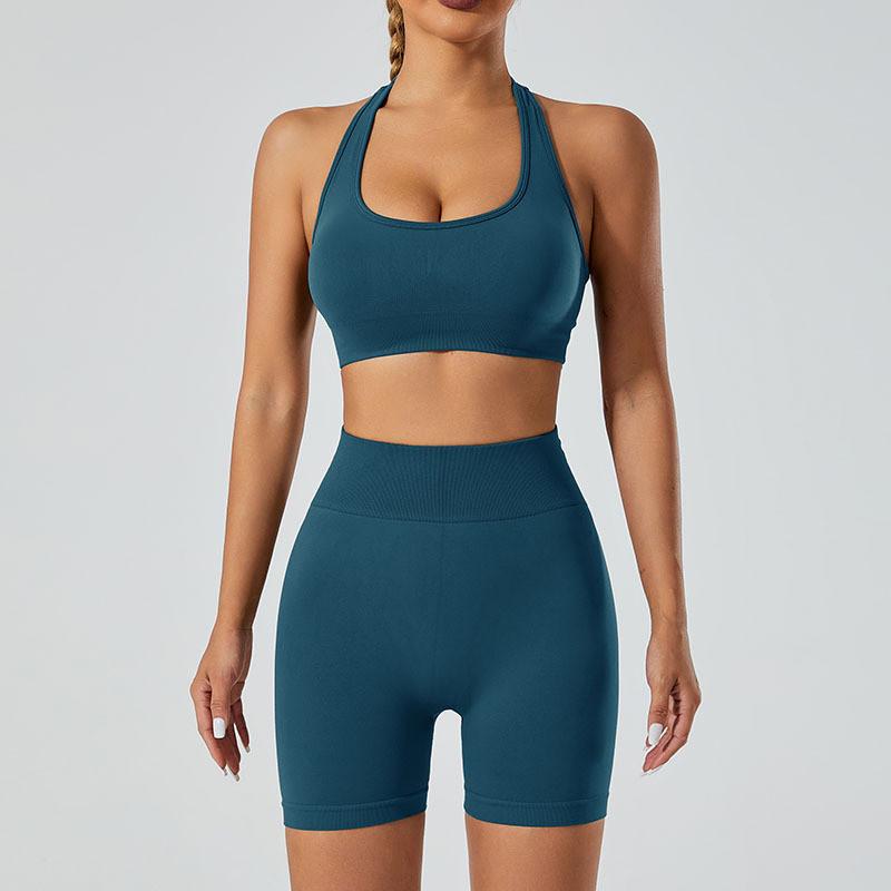 Yoga Outfit Women Seamless High Elastic Shorts Sports Bra Set With Moisture Wicking For Fitness And Running