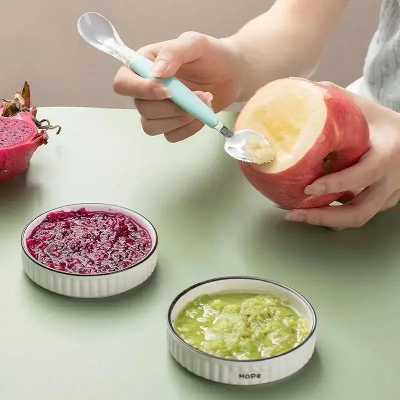 Stainless Steel Baby Food Spoon 304 Double Head Fruit Puree Scraper Silicone Soft Infant Feeding Utensil Complementary Food Tool