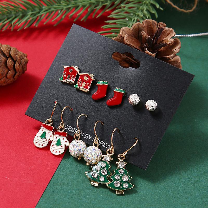 Christmas stud earrings combination new cartoon holiday alloy dripping elk old man bell earrings set