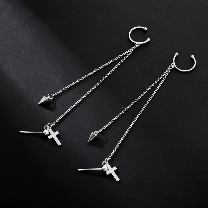 Boucles d'oreilles croix unique tempérament boucles d'oreilles Doudou chaîne d'oreille frangée personnalisée bijoux d'oreille longs clips d'oreilles célébrité Internet