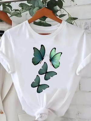 (Tamanho asiático) Camisetas Femininas Estampadas Lady Casual Manga Curta T Top Roupas Camisa estilo borboleta anos 90 Moda Feminina Camisetas Gráficas