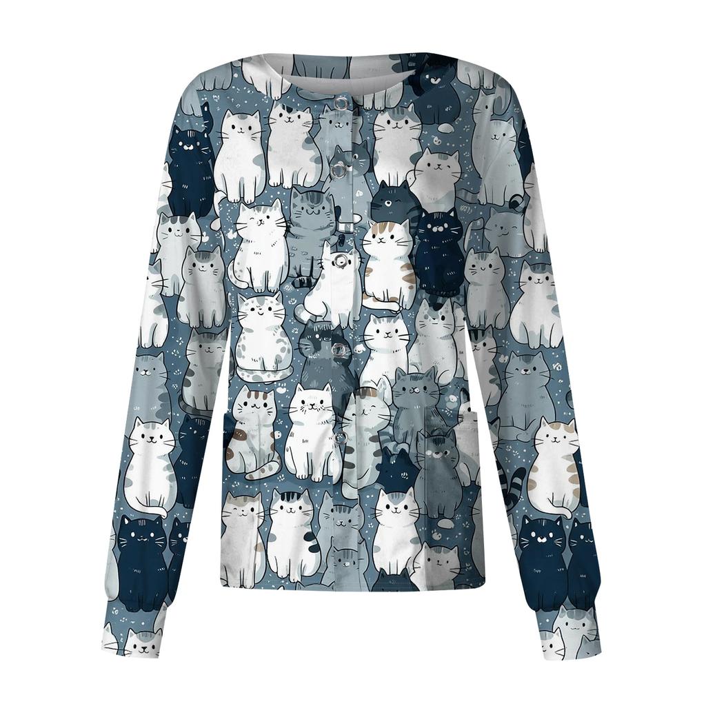 Women Long Sleeve Button Front Cardigan Animal Print Work Shirt Lightweight Casual Cover Up Top for Healthcare and Daily Wear