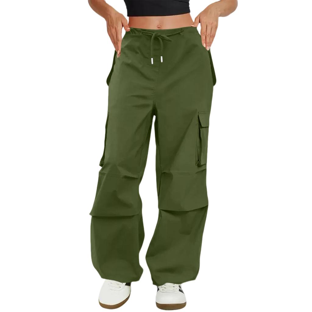Women's Fashionable Solid Color Drawstring Elastic Waist Multi Pocket Workwear Casual Pants