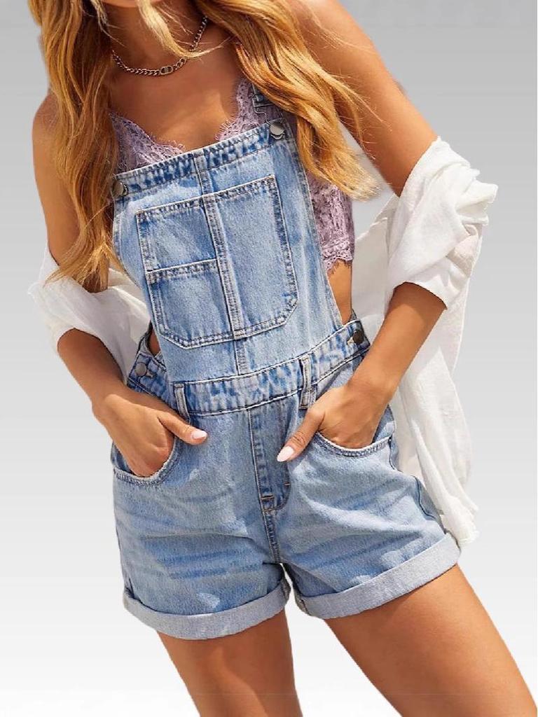 Salopette Corta in Denim da Donna Americano-Europea con Tasche - Vestibilità Slim, Trendy e Cool - Estate 2025
