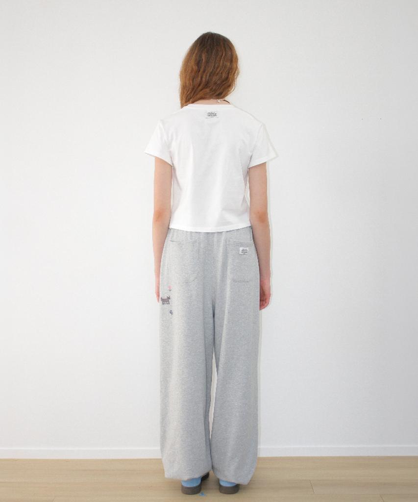 RONRON Pony Cat Embroidery Wide Sweat Pants Gray