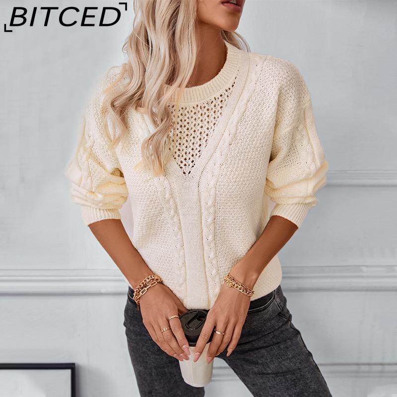 BITCED Solid Color Openwork Pullover Sweater for Women Autumn/Winter Vintage Twisted Knot Knitwear