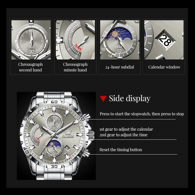 OLEVS 2953 45.5mm Big Dial Men's Watches Stainless Steel Moon Phase Waterproof Chronograph Original Quartz Wrist Watches for Man