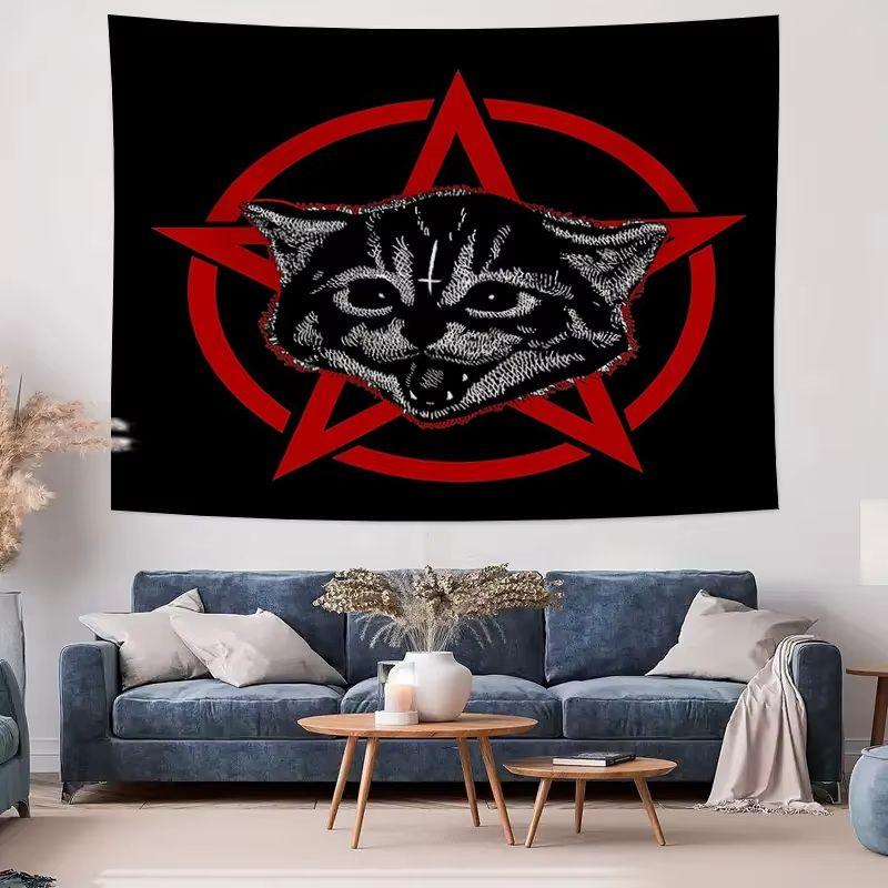 Pentagram Cat Tapestry, Gothic Evil Cat Dark Punk Aesthetic Wall Hanging, Home Decor for Heavy Metal and Rock Fans