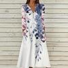 Women's Summer Casual V-Neck Button Vintage Floral Print Three-quarter Sleeve Long Dress With Pockets