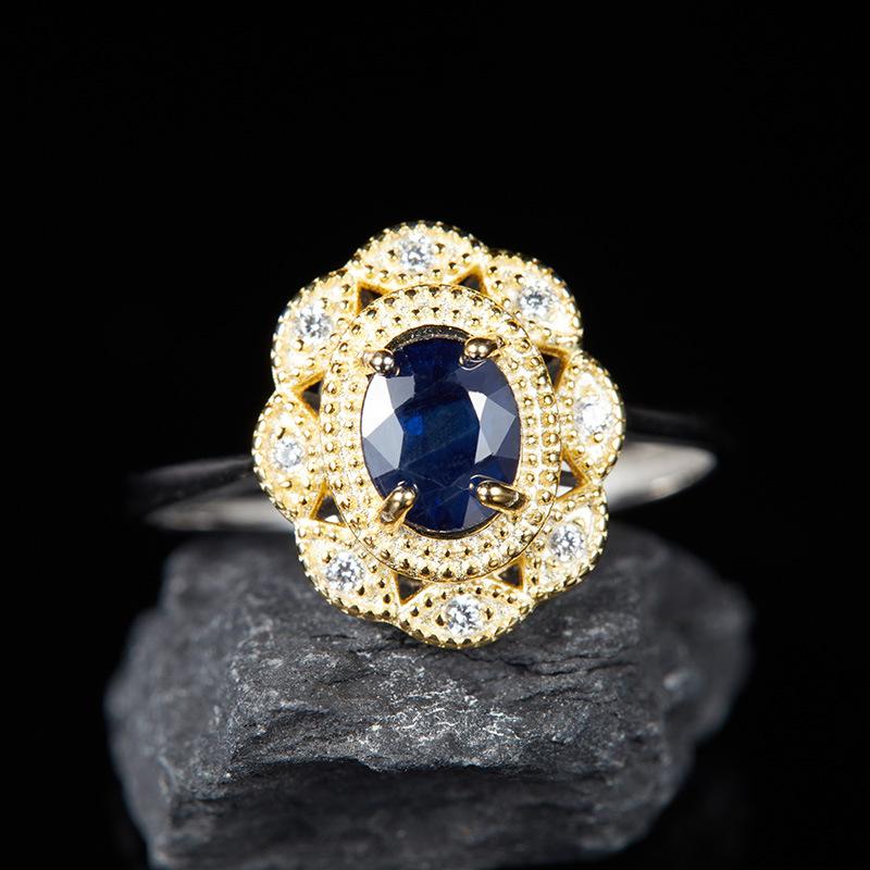 Bijuterii Color Treasure Inel din Argint Sterling S925 cu Safir Natural Inel Incrustat pentru Femei Inel Deschis Stil Curte Bijuterii