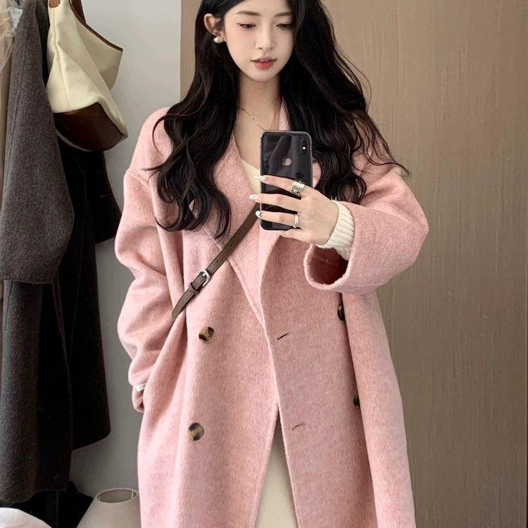Palton de lână de lungime medie, larg, stil coreean, pentru femei, toamnă/iarnă 2025, trend