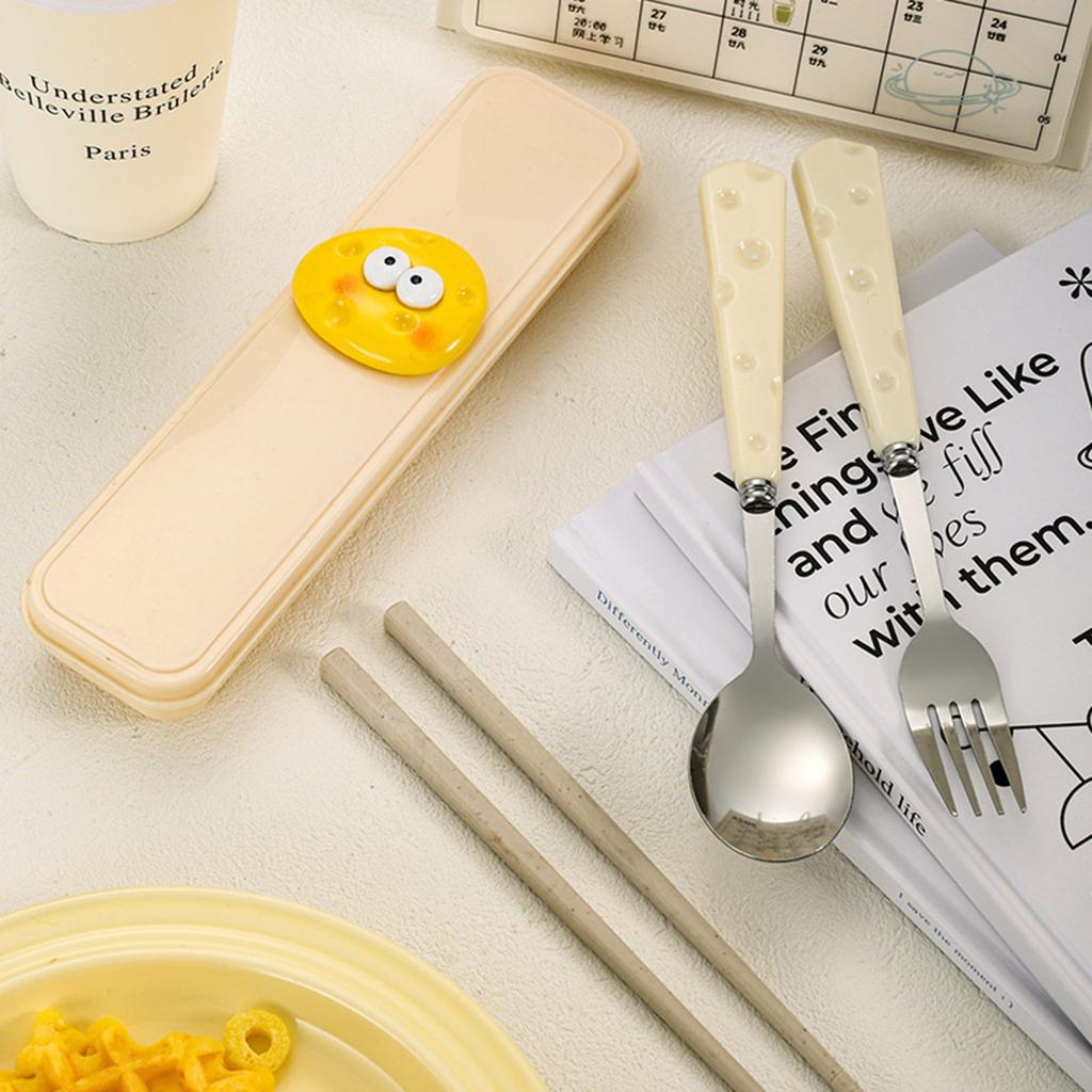 Cheese Cartoon Rice Spoon Stainless Steel Spoon Chopsticks Set Student Portable Three-piece Tableware Box