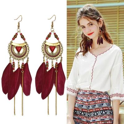 Yunnan Travel Style Earrings Retro Feathers Fringed Long Accessories Seaside Photo Versatile Earrings Temperament Women