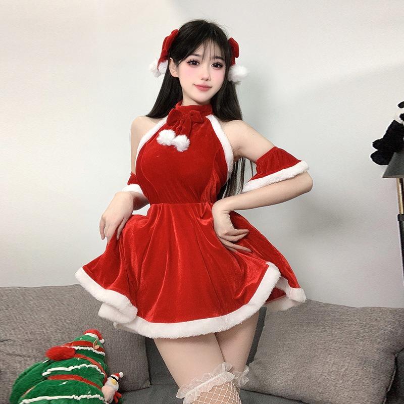 Sexy lingerie sexy halter velvet perspective uniform passion cute pure desire christmas flirting uniform 1