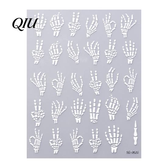 Self Adhesive Nail Decorations Halloween Art Stickers, 3D Embossed Skeleton Hand Pumpkin Bat DIY Home Manicure Tools Black Decals,