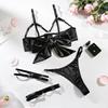 Hollow Out Underwear Three Piece Set Bow Women Lingerie Set Comfortable Satin Silk Bra Suit  Home