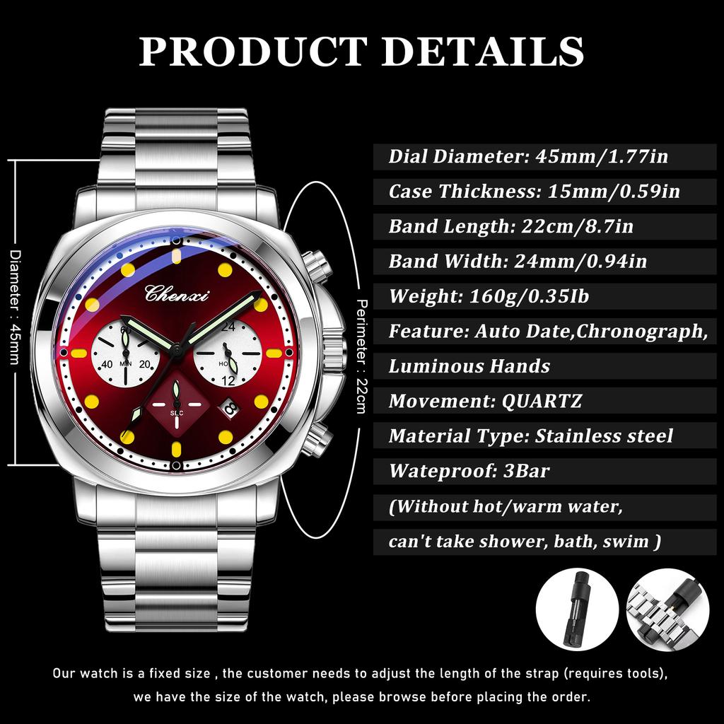 Mens Watch Square Dial Fashion Quartz Wrist Watches Multifunctional Chronograph Waterproof Luminous Gifts Box
