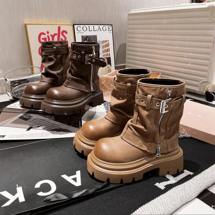 Women's Brown Retro British-Style Slimming Martin Boots, Knee-High, Thick Sole, Autumn 2025 Collection.