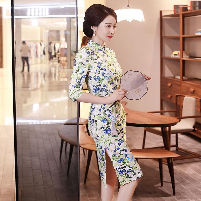 Summer Short-sleeved Cheongsam Chinese Style Dress Medium-length Large-size Dress