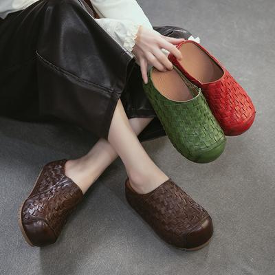 Handmade Woven Round Toe Outdoor Platform Slippers Genuine Leather Versatile Women's Shoes