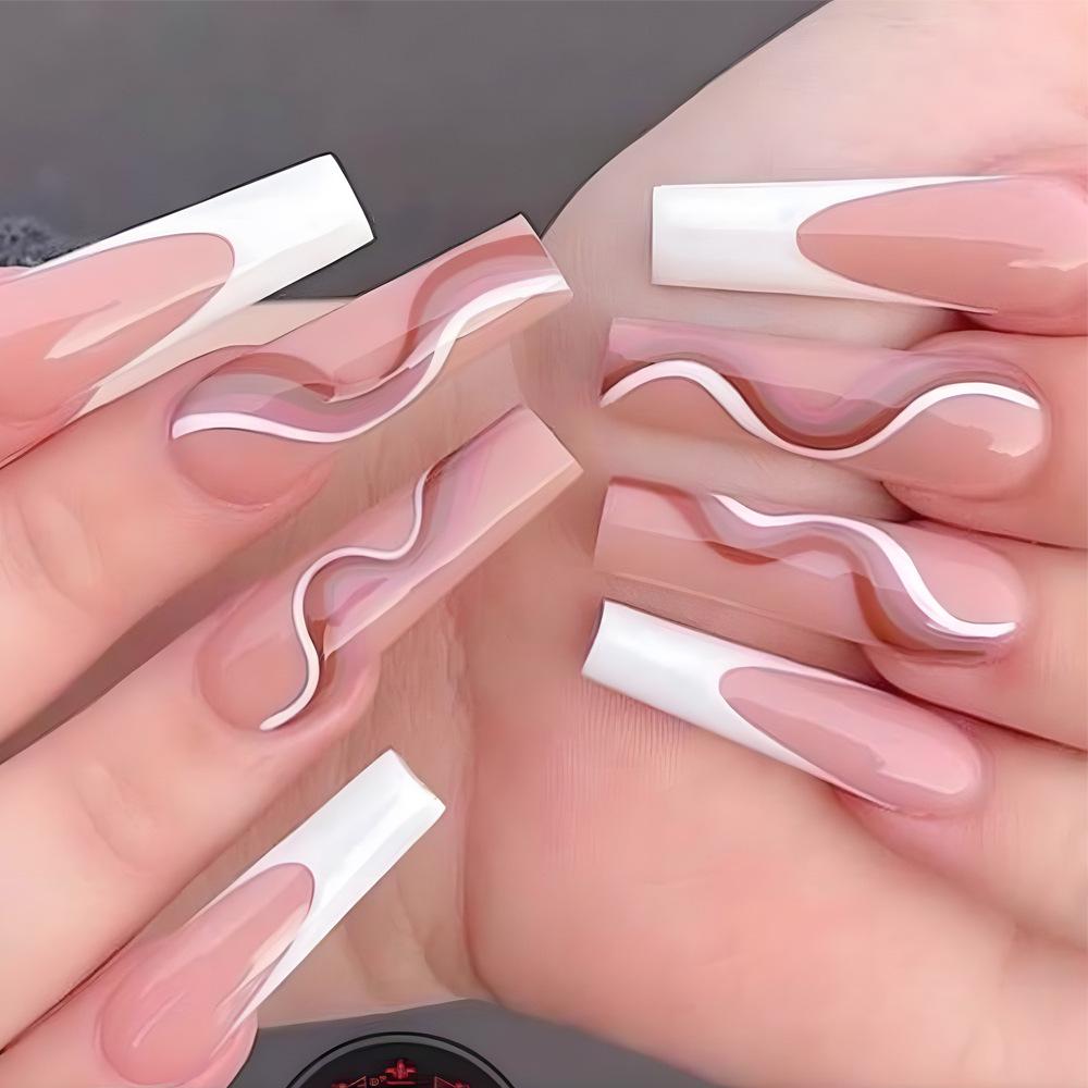 

Stylish French European Press-On Nails - 24 Pcs, Three-Color Patchwork Design, Reusable & Removable