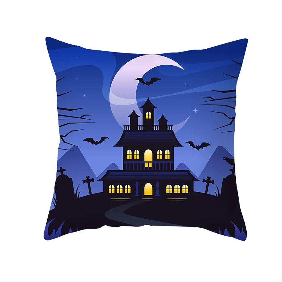 Home Decor Halloween Cushion Cover Skull Cat Scary Pumpkin Bat Castle Print Square Pillowcase Party 45X45Cm Funda De Almohada