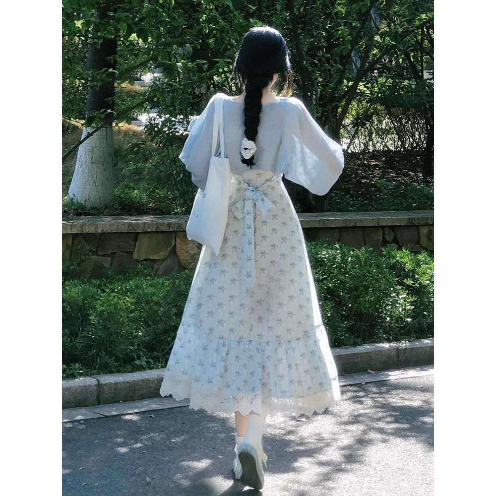 

Темпераментное синее цветочное платье-сарафан с маленькими рукавами-крылышками, повседневное, универсальное, женское, летнее, новое платье XL- (recommended 110-60kg)