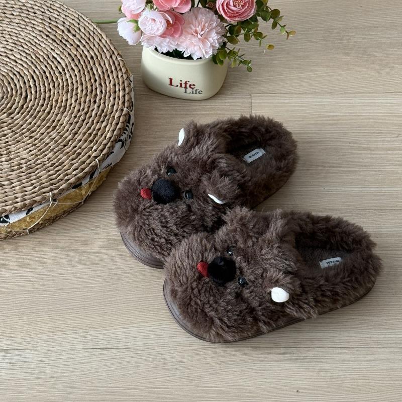 Fashion Winter Womens Cotton Slippers Cartoon Dog Couple Non-Slip Warm Indoor Home Slippers Plush Fluffy Comfortable Floor Slippers