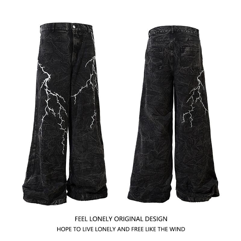 2025 Niche Embroidered Lightning Loose Jeans for Men & Women - Casual Street Style Straight-Leg Floor-Length Pants