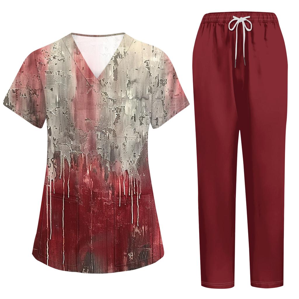 Women's Halloween Print Scrub Set - Short Sleeve Top and Pants with Pockets for Work