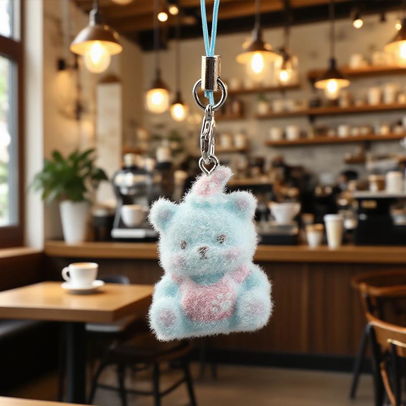 Cute Flocked 3D Resin Bear Keychain Sweet Creative Student Phone Chain Pendant Bag Accessory Phone Strap Gift