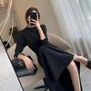 Women's Black Long-Sleeve Korean-Style Swing Dress - 2023 Spring/Autumn Waist-Slimming Skirt