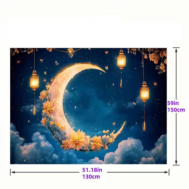 2D Fantasy Night Sky Photography Backdrop with Golden Moon and Floral Accents