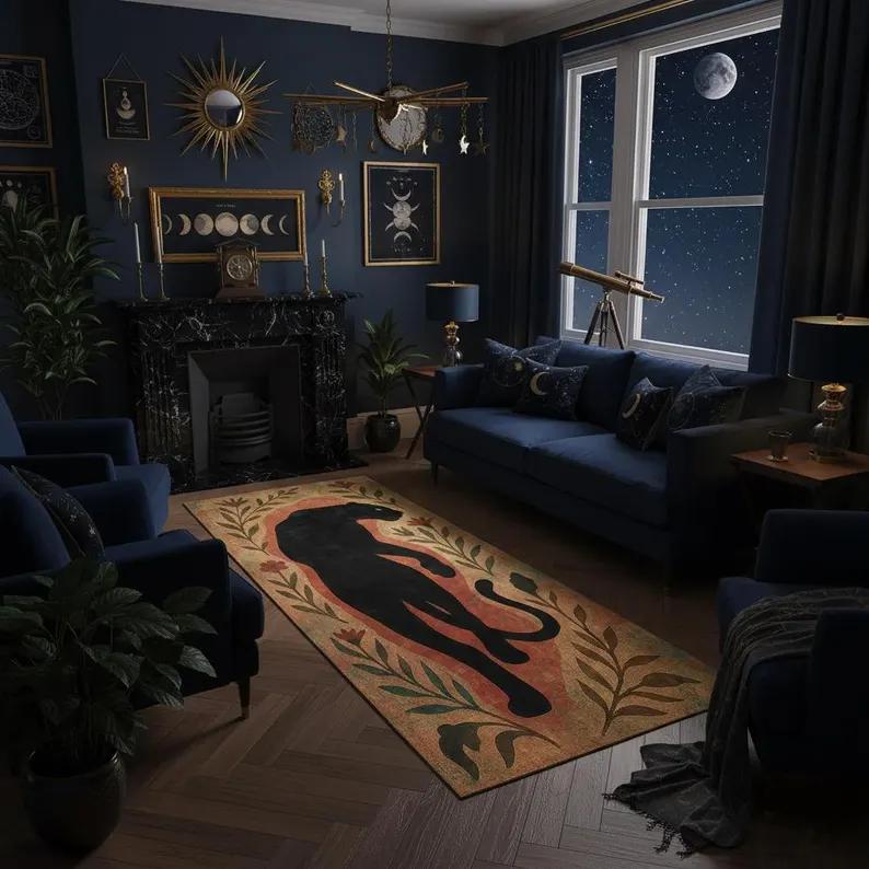 Mystical Black Panther Runner Rug Vintage Boho Jungle Hallway Carpet, Animal Print Floor Decor for Living Room Entryway Carpets