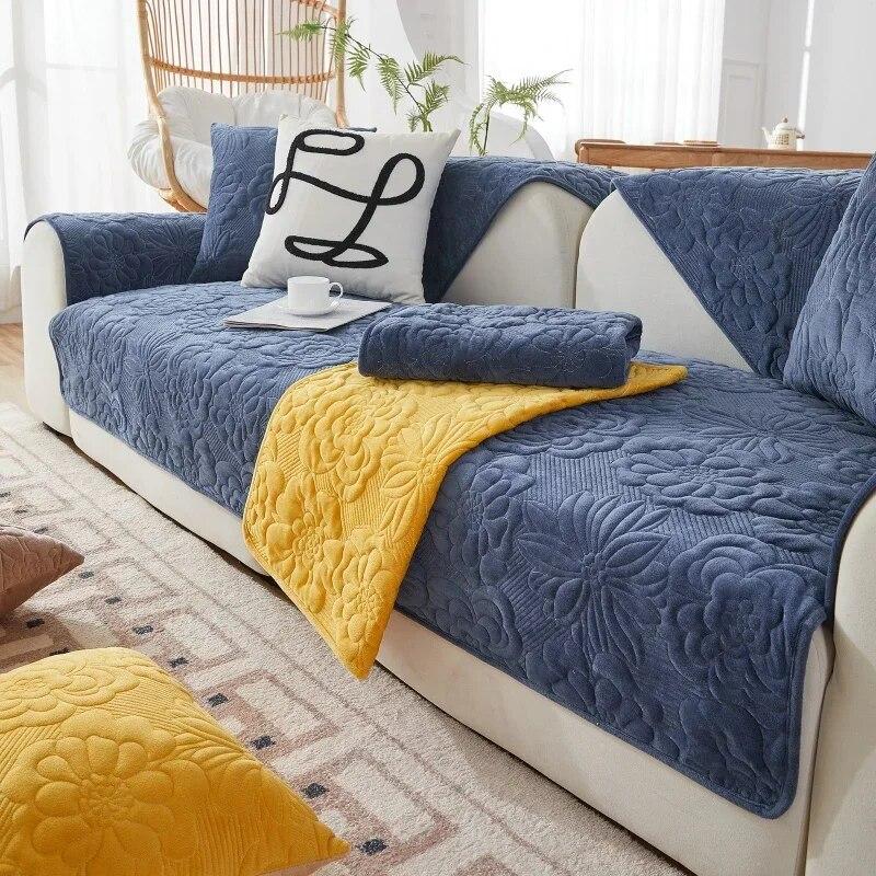 New Pattern Plush Sofa Cushion Winter Solid Color Plush Seat Cushion Pastoral Style Anti Slip Sofa Towel Backrest Towel Sand