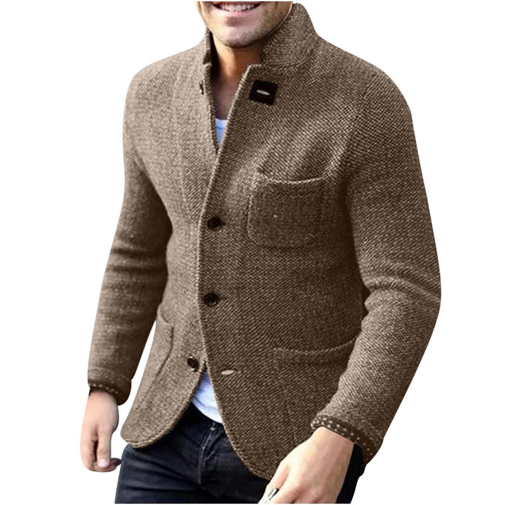 Men's Casual And Trendy British-style Solid-color Warm Cardigan Sweater, Men's Long-sleeved Button-up Stand-up Collar Sweater
