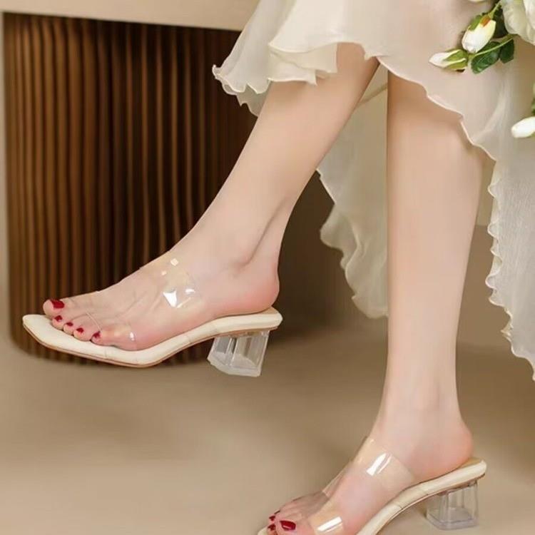Pantoufles cool pour femmes été extérieur année cristal talon épais talon moyen sandales transparentes pour femmes