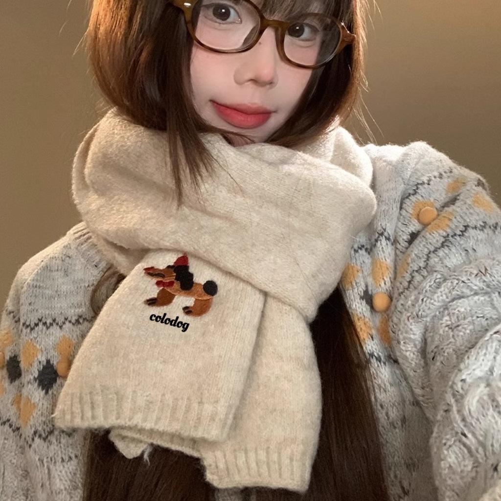 Cute Puppy Embroidered Scarf for Women Girls Autumn Winter Korean Style Warm Versatile College Style Couple Knitted Shawl Scarf