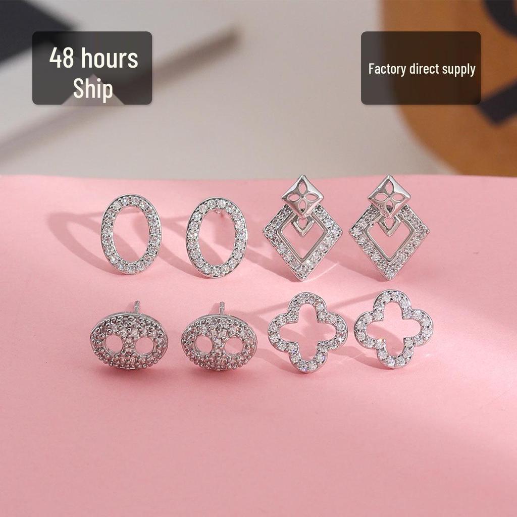 Copper Plated Gold & 925 Silver Geometric Earrings with Zirconium Four-Leaf Clover Design