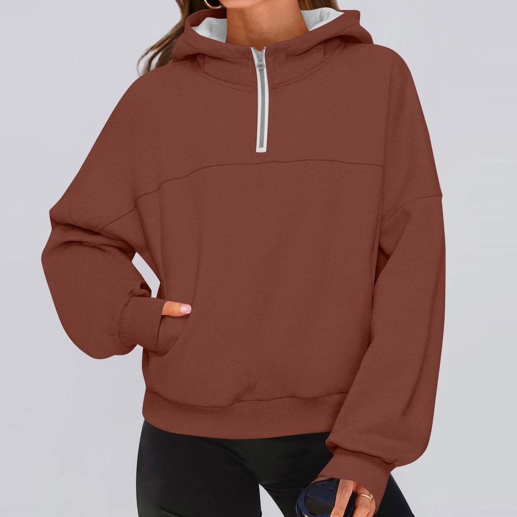 Women's Fashionable Solid Color Hooded Long Sleeved Sports Casual Pullover Sweatshirt Top