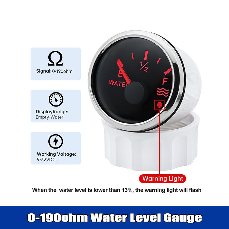 

240-33Ohms / 0~190ohm Water Level Gauge With Alarm Light Universal For Car Marine Boat 12V 24V 2 52mm Water Level Meter Gauges