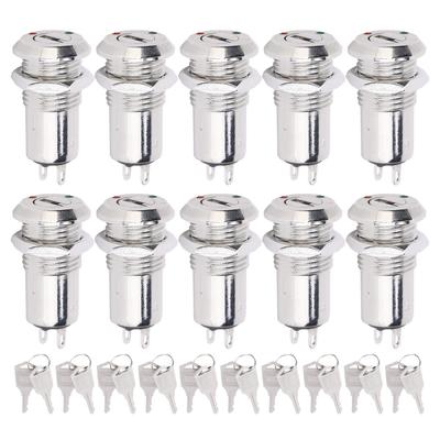 10Pcs Key Switch Barrel Metal ONOFF Power Lock Stainless Steel with Key Nut 12mm AC DC220V(Double