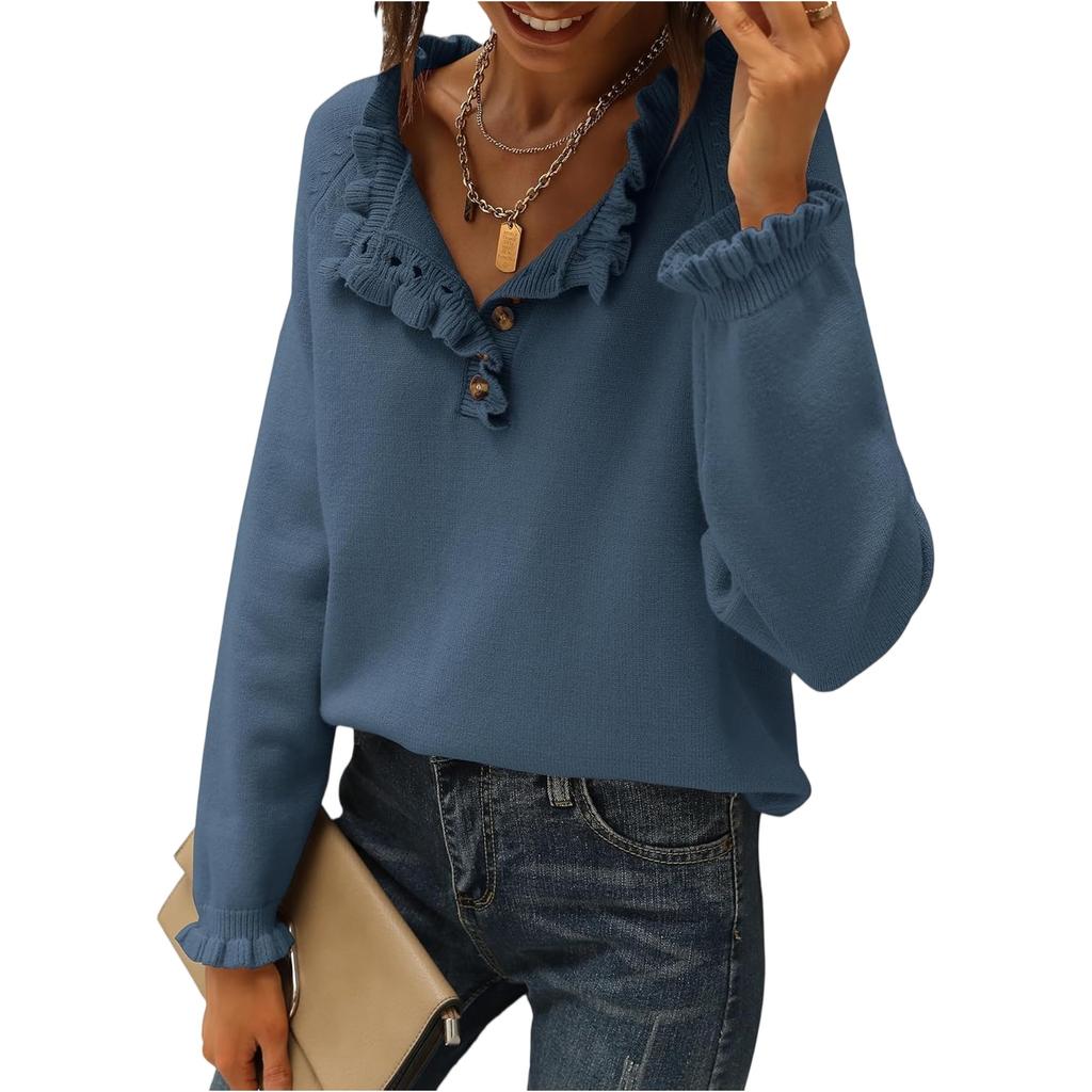 Damenmode Strick Casual Langarm Knopfleiste Rüschen Pullover