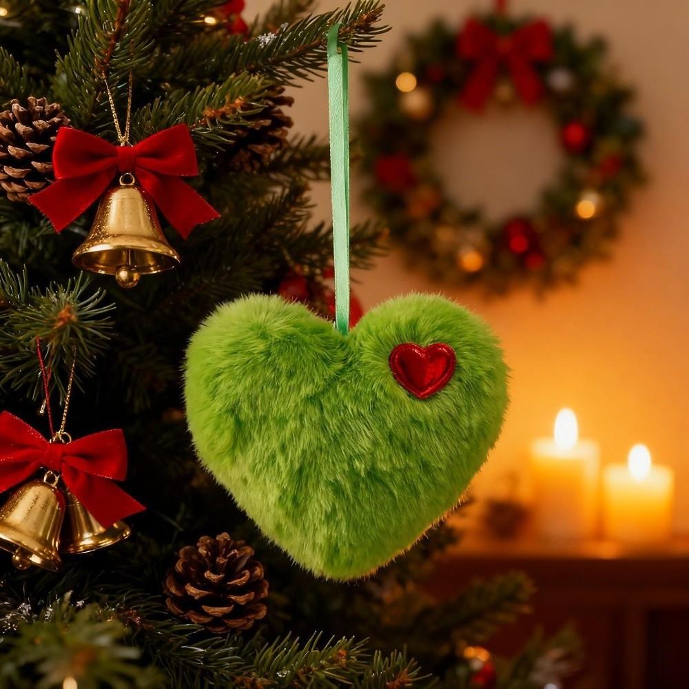 6pcs Colorful Fluffy Heart Christmas Balls Ornaments Handmade Bag Charms Green Furry Elf Balls Pendant with Red Hearts