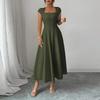Women's Solid Color Square Neck Slim Fit A-Line Dress Cap Sleeve Midi Length Casual Dress for Daily Wear
