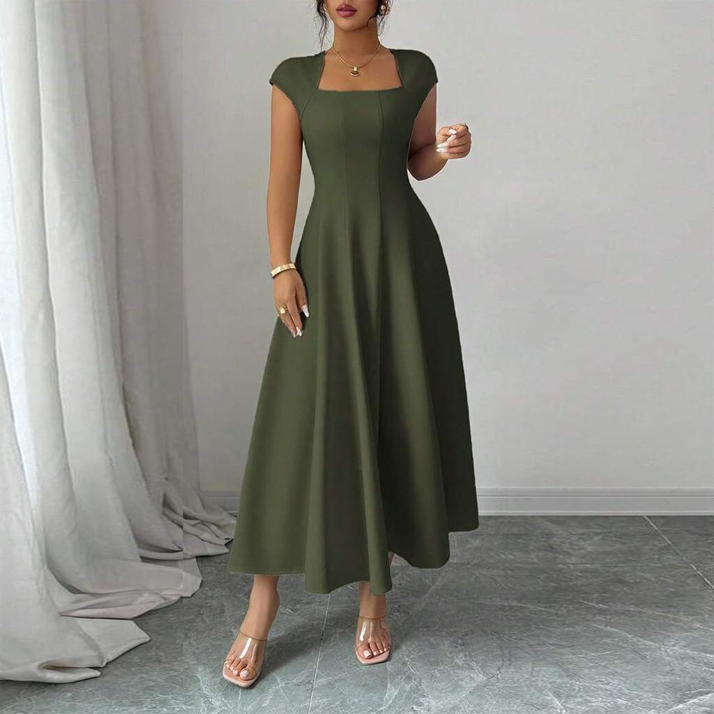 Women's Solid Color Square Neck Slim Fit A-Line Dress Cap Sleeve Midi Length Casual Dress for Daily Wear