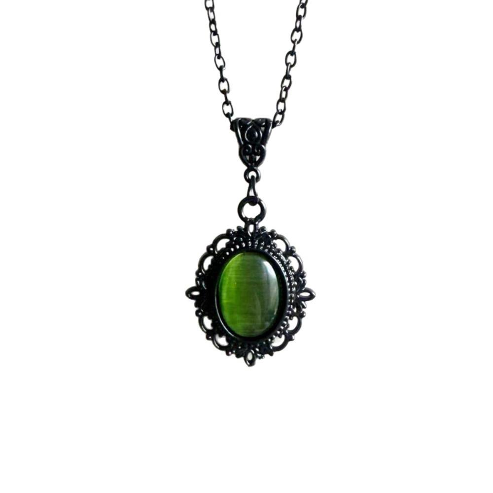 Collana Pendente Vittoriana Medievale Pietra Occhio di Gatto Verde Filamenti Neri Ovali per Donne Festa Gotica di Halloween Gioielli Retrò