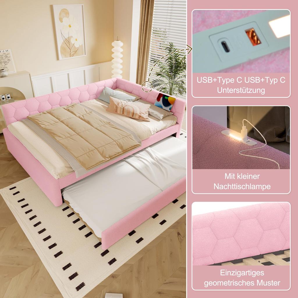 Tagesbett 140x200cm Schlafsofa Ausziehbett Nachttischlampe USB Typ-C Bettrahmen Lattenrost Samt(ohne Matratze)