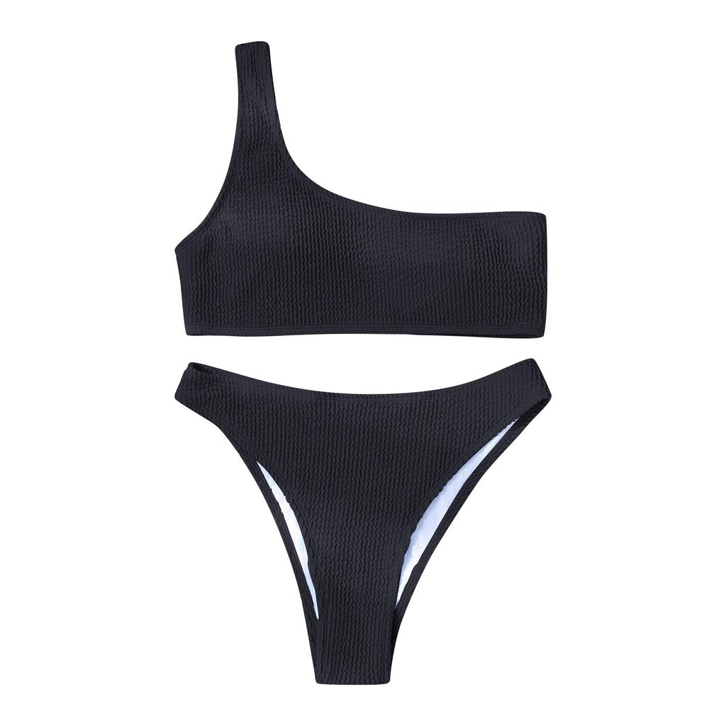 Women's One Shoulder Ribbed Bikini Set Two Piece Swimsuit High Cut Bottoms Textured Fabric Swimwear for Beach Pool